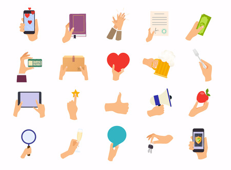 Hands in different poses. Mix hand hold  device, food, money. Flat design modern vector illustration concept.のイラスト素材