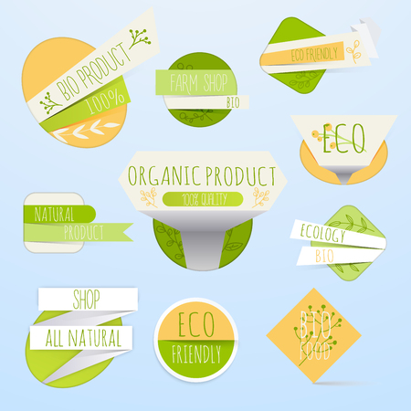 Collection of green labels and badges for organic, natural, bio and eco friendly products. Vintage vector,green colors.のイラスト素材