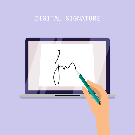 Digital signature concept. Online Contract on Screen. Flat vector illustration.のイラスト素材