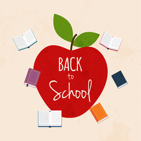 Back to school illustration with apple and books on the background. Flat design modern vector illustration concept.のイラスト素材