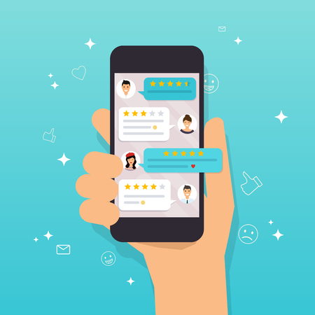 Hand holding mobile smart phone with review rating. Reviews stars with good and bad rate and text, concept of testimonials messages, notifications, feedback.のイラスト素材
