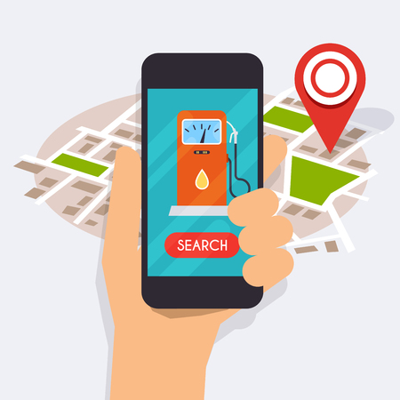 Hand holding mobile smart phone with application search gas station. Find closest on city map. Flat design style modern vector illustration concept.のイラスト素材