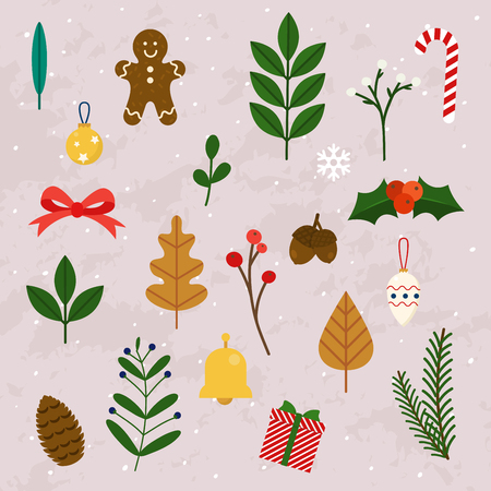 Winter leaves and christmas items, elements and decorations set. Flat design modern vector illustration concept.のイラスト素材