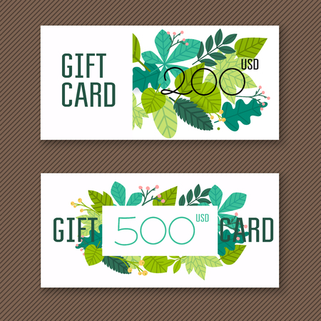Voucher template with green gift box,certificate. Background design coupon, invitation, currency. Vector illustration.のイラスト素材