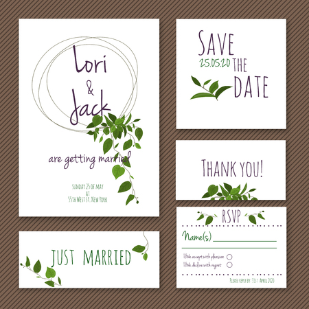 Wedding invitation card set. Thank you, save the date, RSVP, just married.のイラスト素材