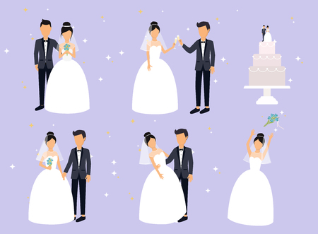 Just married , newlyweds, bride and groom set. Bride and groom. Wedding design. Vector illustration.のイラスト素材