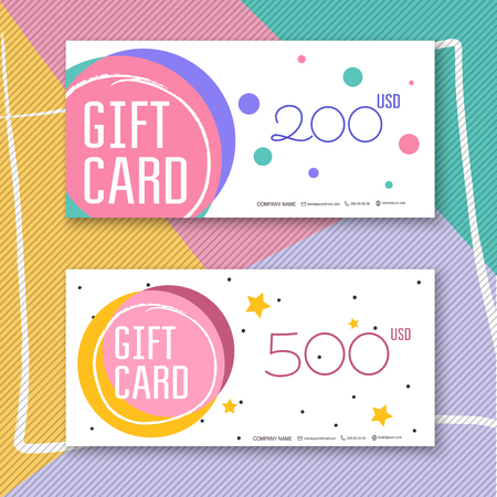 Voucher template with color gift box,certificate. Background design coupon, invitation, currency. Vector illustration.のイラスト素材