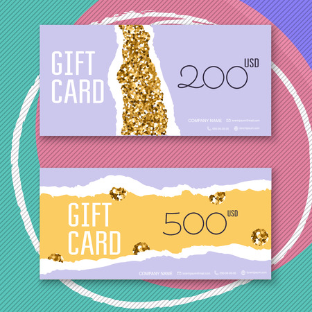 Voucher template with gold gift box,certificate. Background design coupon, invitation, currency. Vector illustration.のイラスト素材