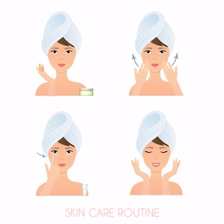 Face care routine. Girl Care Her Face. Steps how to apply facial serum.  Skincare vector.のイラスト素材