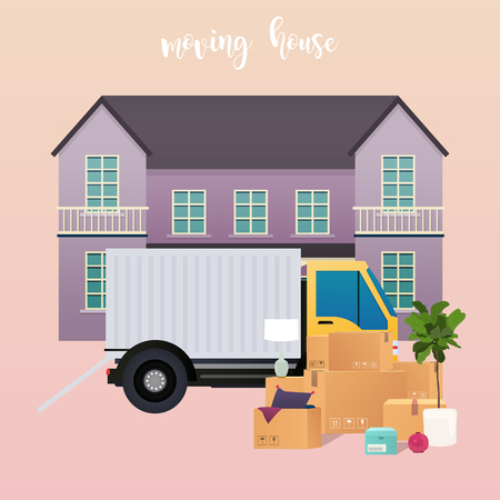 Moving truck and cardboard boxes. Moving House. Transport company.のイラスト素材