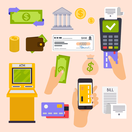 Collection of finance workflow items and elements, finance and marketing objects. Flat design modern vector illustration concept.のイラスト素材