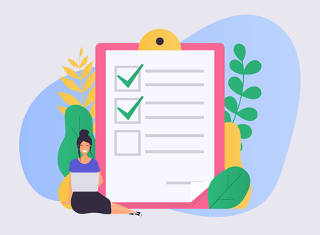 Business woman with a laptop marked checklist on a clipboard paper. Flat design modern vector illustration concept.のイラスト素材
