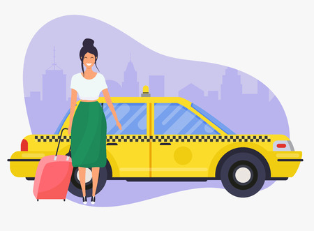 Girl with travel bag get a taxi.  Travel and tourism. Flat design modern vector illustration concept.のイラスト素材