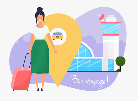 Girl standing with travel bag, holding passport and tickets. Airport. Travel and tourism. Flat design modern vector illustration concept.のイラスト素材