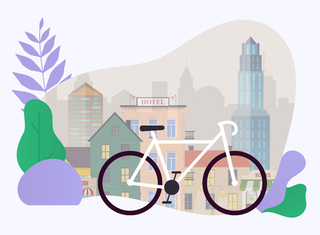 City bike hire rental tours for tourists and city visitors. Vector poster or banner template. Flat design modern vector illustration concept.のイラスト素材