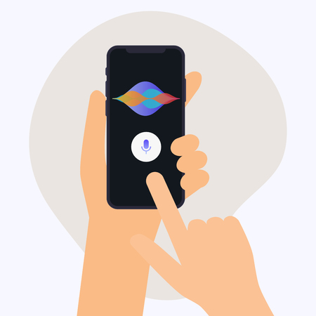 Hand holding mobile smart phone with digital voice assistant. Flat design modern vector illustration concept.のイラスト素材