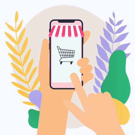 Concept online shopping and e-commerce. Icons for mobile marketing. Hand holding smart phone.  Flat design style modern vector illustration concept.のイラスト素材