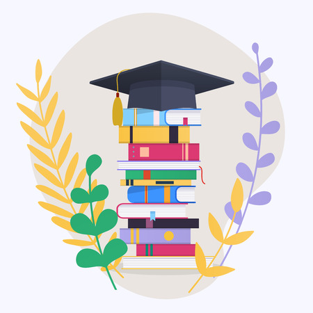 Education infographic with pile of school books. Vector illustration.のイラスト素材