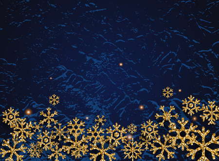 Golden glitter snowflakes on dark background. Can be used for decoration, banners and card.のイラスト素材