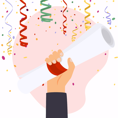 Hand holding diploma graduation. Flat design modern vector illustration concept.のイラスト素材
