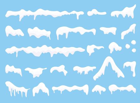 Snow caps, snowballs and snowdrifts set ob blue background. Winter decoration element.のイラスト素材