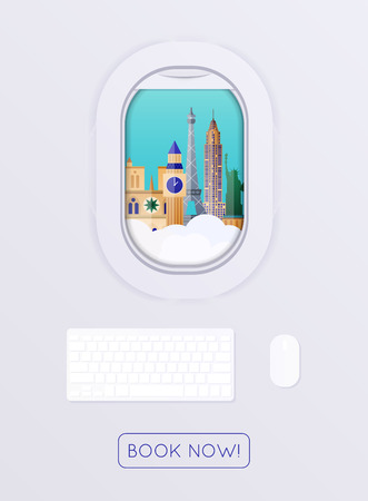 Open airplane window. Travel around the World. Vacation booking.  Flat design のイラスト素材