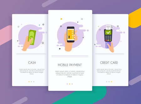 Onboarding screens user interface kit for mobile app templates concept of  payment methods. Cash, internet banking, purchasing and transaction, electronic funds transfers and bank wire transfer.のイラスト素材