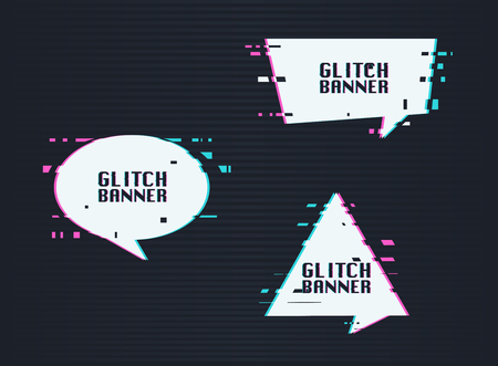 Set of vector glitch banner with text placeholder. Glitch style promotion banner, price tag, speech bubble, sticker, badge, poster.のイラスト素材