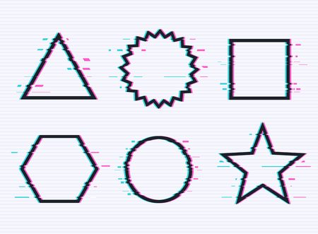 Vector set of frames with glitch effect. Circle, triangle, rhombus and square with vhs glitch effect.のイラスト素材