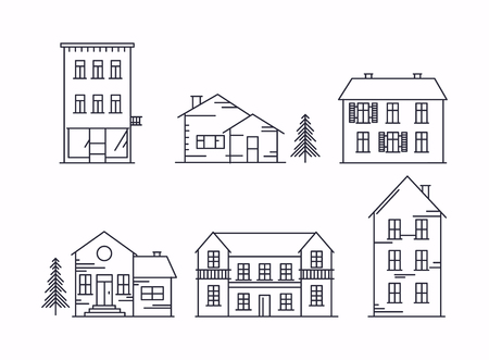 Vector illustration in linear style. Icons and illustrations with buildings, houses and trees. Ideal for business web publications, graphic design. Flat style vector illustration.のイラスト素材