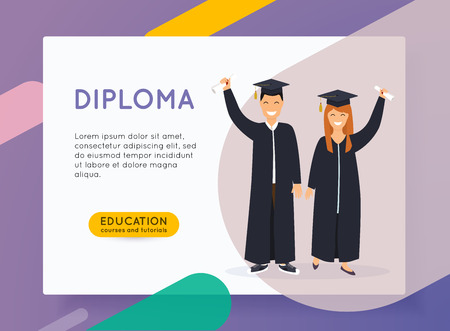 Online education concept. Man and woman graduates. Online tutorial infographic for college research.のイラスト素材
