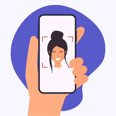 Hand holding mobile smart phone with face recognition app. Vector modern flat creative info graphics design on application.のイラスト素材