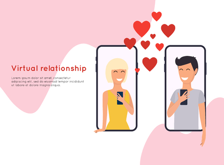 Concept of online dating, beautiful young woman and man. People chatting in the smartphone screen, virtual relationship.のイラスト素材