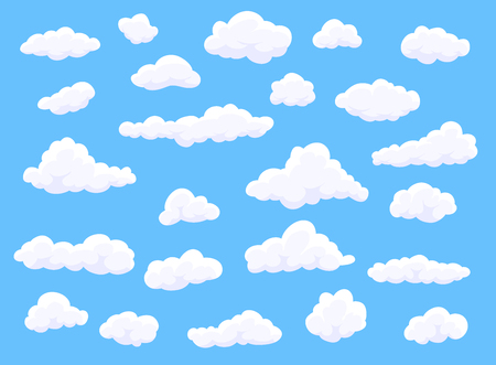 Different shape cartoon white clouds on blue background. Vector decoration element.のイラスト素材