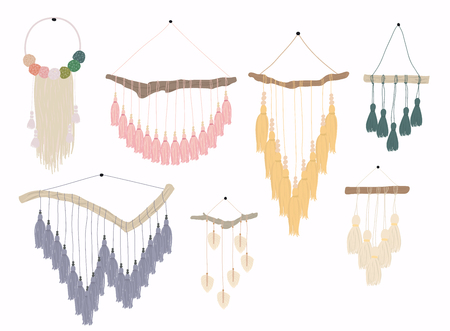Macrame wall hangings.Bundle of elegant handmade home decorations made of cotton cord isolated on white background.のイラスト素材