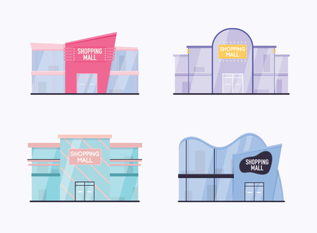 Set of shopping mall building exterior. Flat design style modern vector illustration concept.のイラスト素材