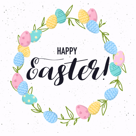 Happy Easter greeting card. Easter eggs composition with wooden branch.のイラスト素材
