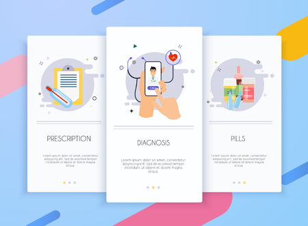 Onboarding screens user interface kit for mobile app templates concept of medicine. Medic and healthcare vector flat banners.のイラスト素材