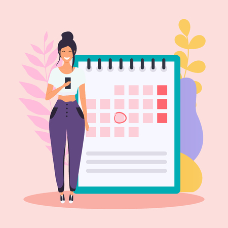 Woman with the phone have a calendar plan. Flat design modern vector illustration concept.のイラスト素材