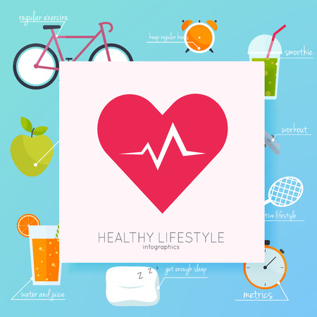 Concept of healthy lifestyle infographics. Icons for web: fitness, healthy food and metrics. Flat design vector illustration.のイラスト素材