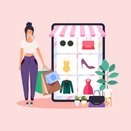 Woman do online shopping.  Flat design style modern vector illustration concept.のイラスト素材
