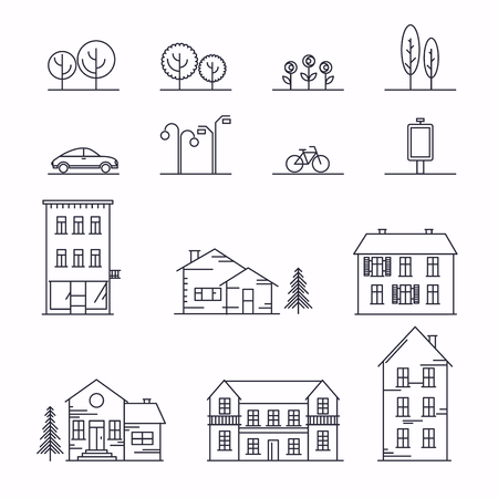 Vector city illustration in linear style. Icons and illustrations with buildings, houses and architecture signs. Ideal for business web publications, graphic design. Flat style vector illustration.のイラスト素材