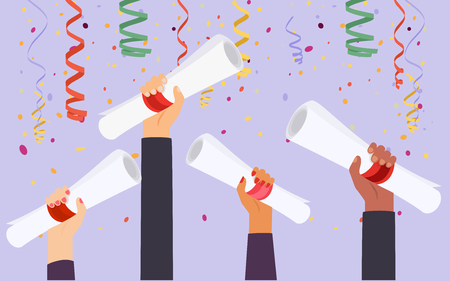 Hands holding diploma graduation. Flat design modern vector illustration concept.のイラスト素材