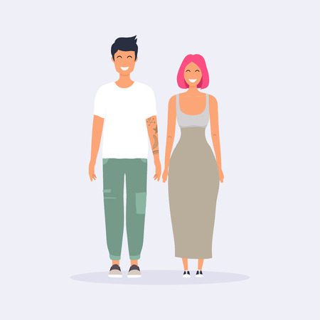 Happy couple holding hands. Cartoon man and woman in love.  Romantic communication of people in love. Flat vector design.のイラスト素材