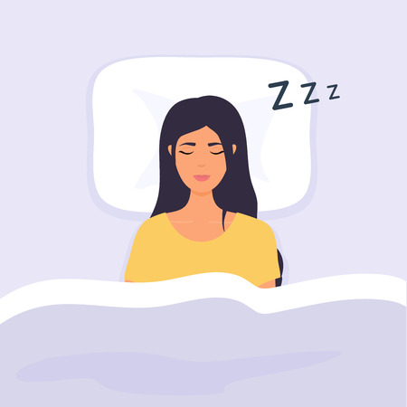 Woman sleep in bed. Person having a dreamful slumber in bed on a pillow with some sleeping sound.のイラスト素材