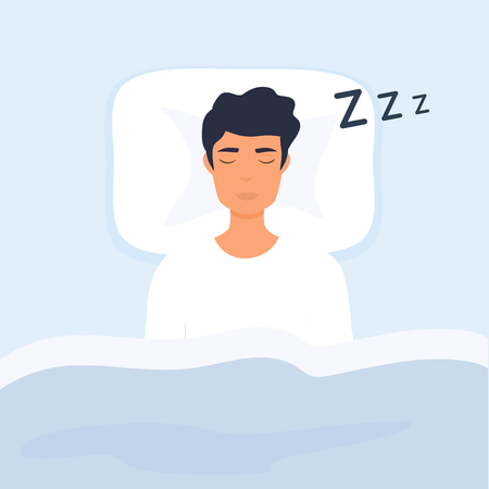 Man sleep in bed. Person having a dreamful slumber in bed on a pillow with some sleeping sound.のイラスト素材