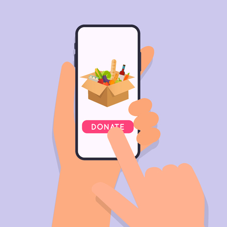 Hand holding mobile smart phone with donation app. Concept for charity online service.  Flat vector illustration.のイラスト素材