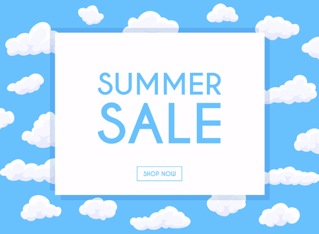 Summer Sale Banner. Poster, Flyer.  Cartoon white clouds on blue background.  Vector illustration. のイラスト素材