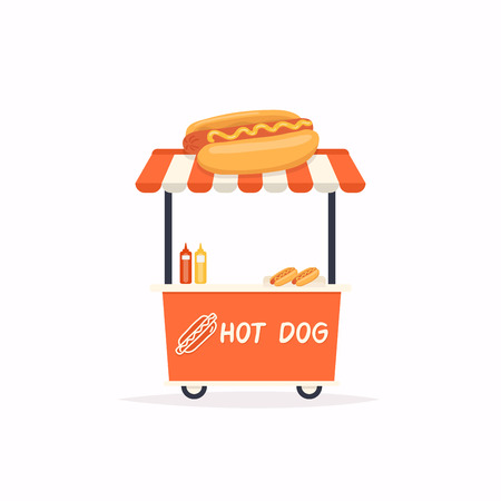 Hot Dog stand cart. Street food cart. Vector Illustration.のイラスト素材