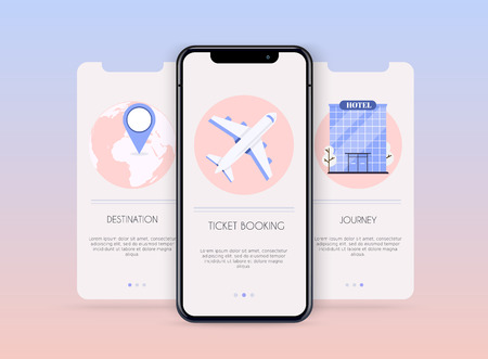 Onboarding screens user interface kit for mobile app templates concept of travel and ticket booking. Concept for web banners, websites, infographics.のイラスト素材